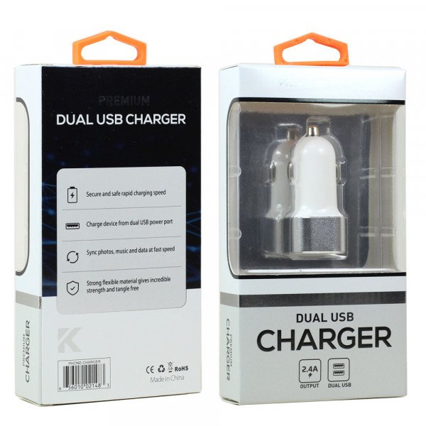 Wholesale 2.4A Dual 2 Port Car Charger for Phone, Tablet, Speaker, Electronic (Car - White)